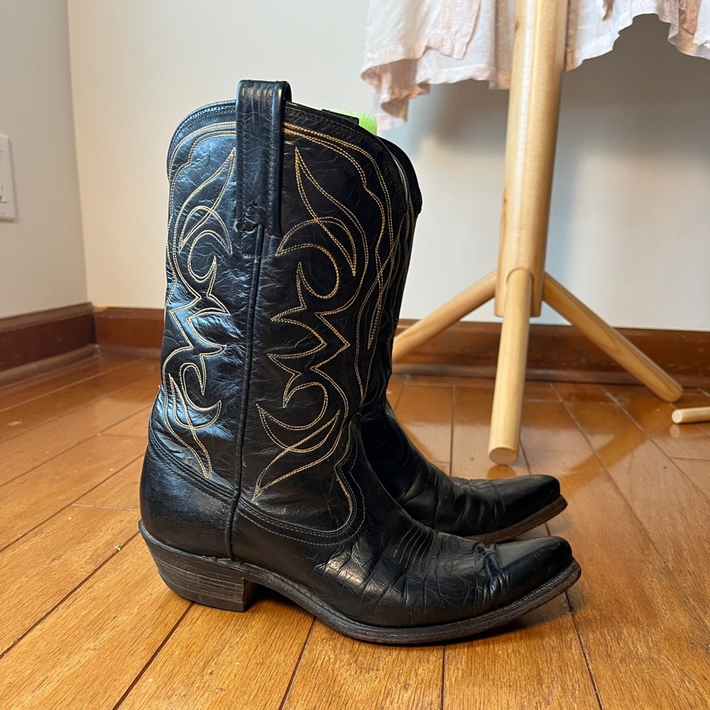 ACME Black Western Cowboy Boots with Tan Stitching